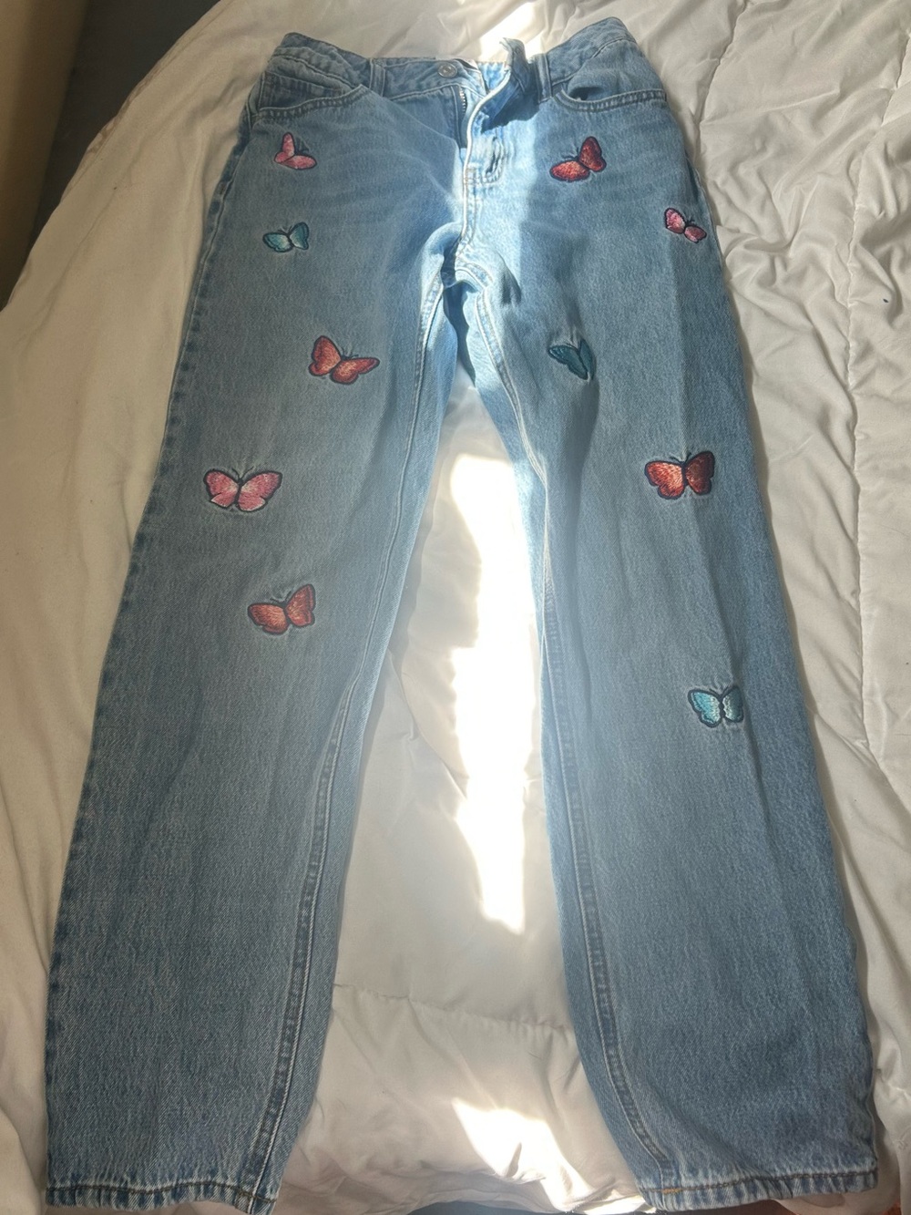 Forever 21 Light Blue Straight Leg Jeans with Multicolor Butterfly Patches